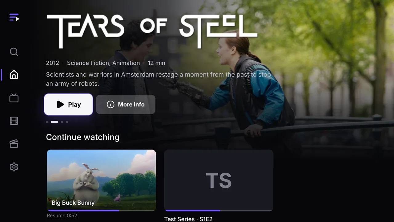 Ember on a TV: the home screen with films and live channels