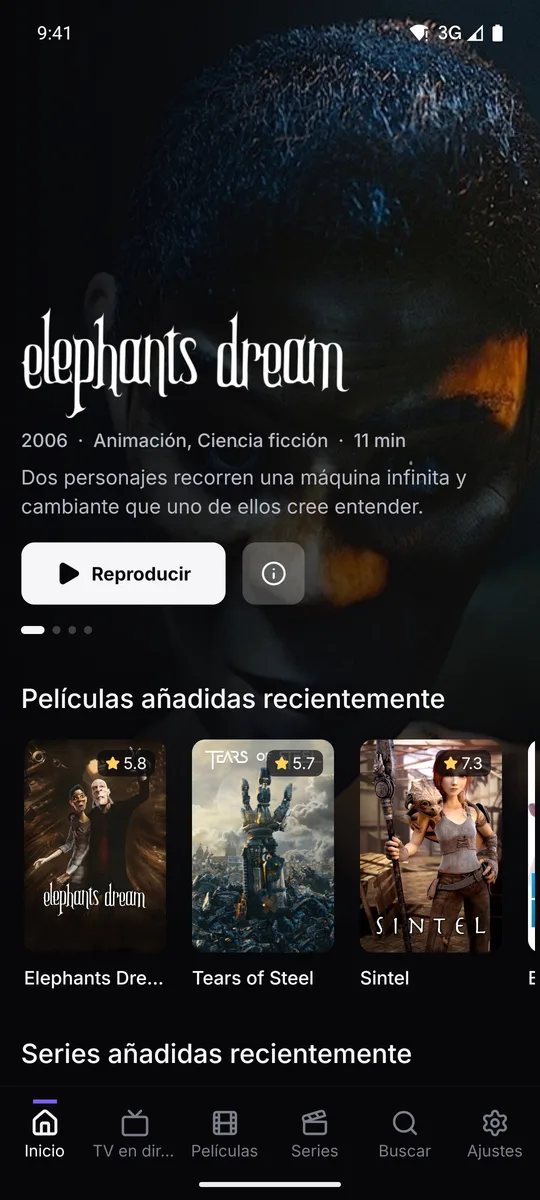 Ember en un móvil: la pantalla de inicio con películas y canales en directo