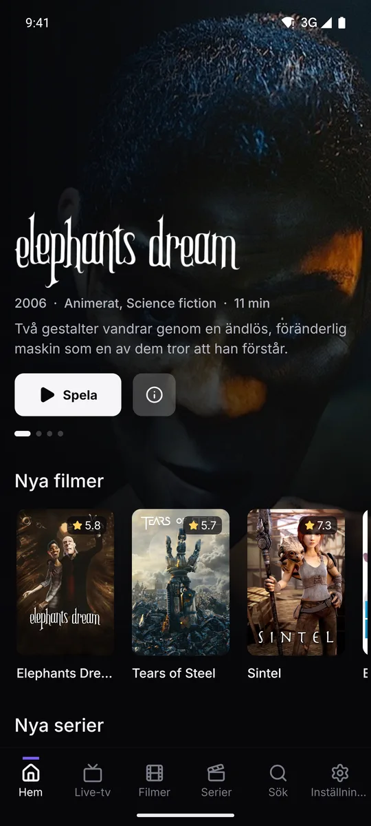 Ember i en mobil: startsidan med filmer och tv-kanaler